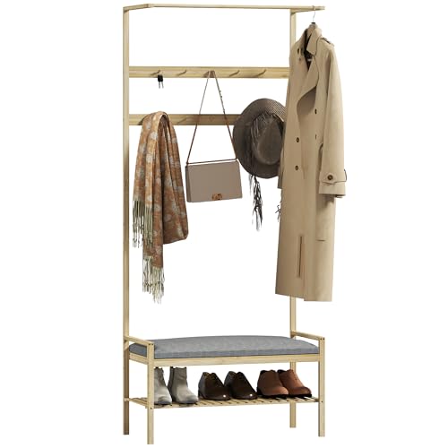 HOMCOM Porte-manteau avec étagère à chaussures en bambou, meuble d'entrée avec banc,10 crochets, tringle à vêtements, coussin rembourré, vestiaire pour...