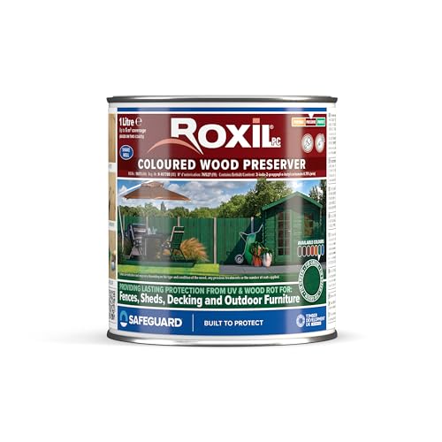Roxil Wood Stain Preserver (Fir Green, 1 Litre) - Fast-Drying Satin Finish for Decking, Fence, Shed, Furniture. 5 Year Protection for Indoor & Outdoor