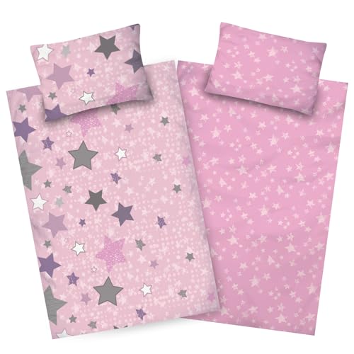 Aminata kids Biber Kinderbettwäsche 100x135 Sterne Mädchen rosa Baumwolle mit...