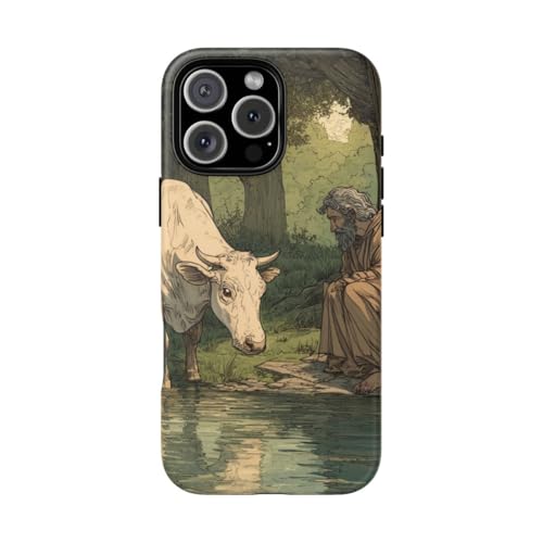Coque iPhone 16 Pro Max vache blanche et homme barbu Riverbank rigide mate