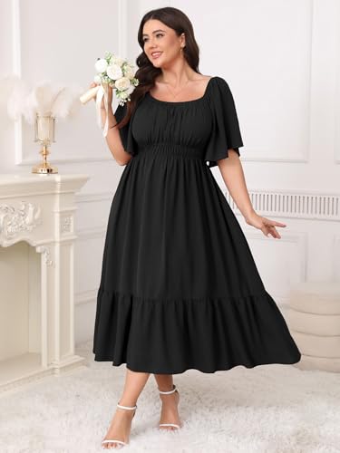 Image of CICIDUDU Plus Size Smocked Maxi Dresses for Curvy Women Square Neck Flowy Casual Summer Wedding Guest Dress