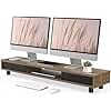 Fenge Soporte Monitor para Doble Monitor con 2 Puertas de Cristal, Elevador Monitor de Madera con Alturta Ajustable, Gran Soporte Monitor Mesa para PC/Portátil/Impresora 108x23,5x15,2-16,7cm (Marrón)