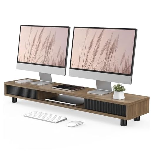 Fenge Dual Monitor Stand, 42.5inch Long Monitor Stands Riser for 2 Monitors, Sliding Door with Storage Organizer Stand for Desk, 2 Tier Desk Shelf for Laptop, Pc, Printer, Computer, TV