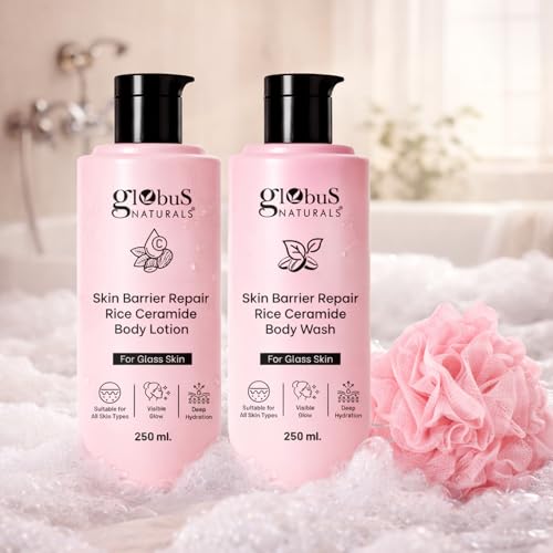 Image of Globus Naturals Rice Ceramide Body Care Combo for Glass Skin | Body Wash + Body Lotion + Loofah | Deep Hydration, Barrier Repair & Brightening Glow | Rice Body Care | Soft, Smooth & Radiant Skin | Daily Use for Men & Women | All Skin Types