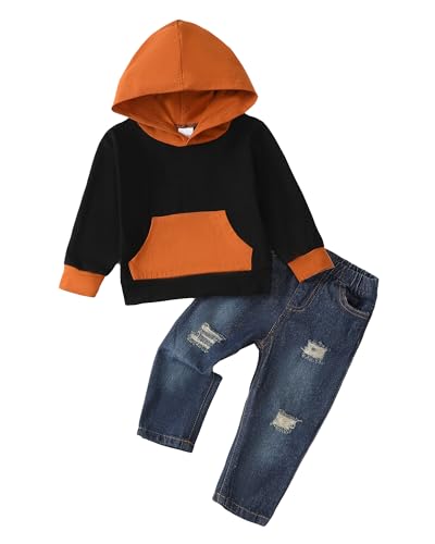 Image of Toddler Boy Clothes Baby Boy Outfit Letter Prints Hoodies Top Ripped Jeans Cute Boys Clothing Set Fall Winter