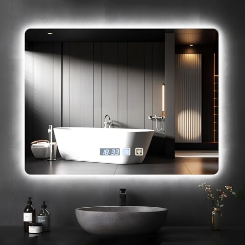 Worshow Espejo Baño con Luz 80 x 60 cm, Espejo LED baño Regulable Rectángulo con Función Antivaho, 3 Temperaturas de Color, Ajustes de Tiempo, Función de Memoria, Sensor Táctil