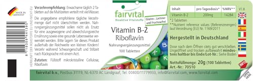 Fairvital | Vitamin B2 Riboflavin - 200mg pro Tag - 100 Tabletten - HOCHDOSIERT - VEGAN - schluckfreundlich
