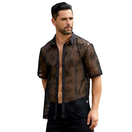 ABEHIK Herren Sexy Rose Netzhemd Kurzarm Durchsichtiges Oberteil Rave Musikfestival Shirt M�nner Kinkywear Swingerclub Outfit dunkel XXL