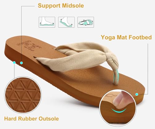 KuaiLu Flip Flops Women Arch Support Yoga Mat Comfortable Summer Beach Walking Thong Cushion Sandals Slip on Outfits Travel Essentials Orthotic Slides Indoor Outdoor Slippers Shoes Beige Khaki Size 10 - Thumbnail 6