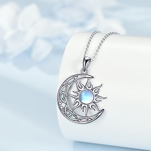 Sun and Moon Necklace for Women 925 Sterling Silver Celtic Crescent Moon Pendant Blue Opal/White Opal/Abelone Shell/Labradorite/Moonstone Jewelry Gift for Teen Girls3