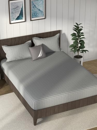 Image of NAUTICA Cotton King Bedsheet with 2 Pillow Covers -3pc Set (noridge) | 160TC | Super Soft Touch Stripe-Grey