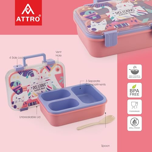 Image of ATTRO Kitty Kart Plastic Lunch Box - 3 Compartment Bento Tiffin, Leak-Proof & Durable, Plastic Cutlery, Ideal for Kids, School,Picnic - 800ml, Pink Purple