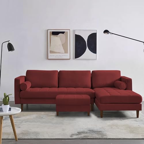 Image of Lezra RHS 4 Seater L Shape Sofa Set with Center Table for Living Room (Maroon Fabric) Premium Fabric Sofa