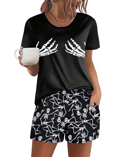 Ekouaer Womens Pajama Sets Short Sleeve Pjs 2 Piece Top and Shorts Sleepwear Comfy Soft Lounge Sets with Pockets Halloween Skeleton Print Medium