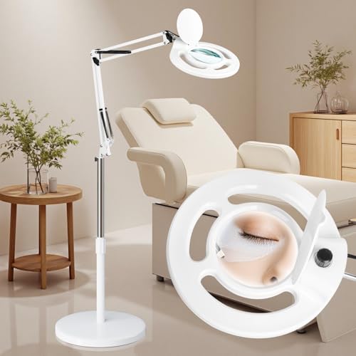 KALVISH Facial 10X Magnifying Lamp for Esthetician 2500 Lumens Stepless Dimmable Adjustable Swing Arm LED Lighted Standing Mag Floor Lamp for Eyelash Extensions Tattoo Crafts Nail Art Pedicure