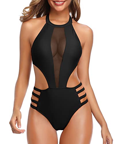 Tempt Me Women One Piece Sexy Mesh Swimsuit Black High Neck Halter Cutout Monokini L #TOP2