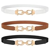 WERFORU 3 Pack Women Ladies Skinny Elastic Waist Belt Gold Buckle Stretchy Thin Belt for Dress Jeans,Black+Brown+White,Fit waist size 27-32 Inches