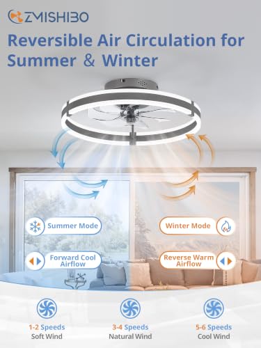 Image of ZMISHIBO Low Profile 19.7'' Ceiling Fans with Lights and Remote, Gray | 3000-6000K Dimmable LED Fandelier, Quiet DC Motor, Reversible Airflow, 6 Wind Speeds, Timer, Bedroom, Living Room, Kitchen