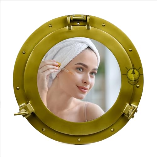 Nagina International Powder Coated Antique Vintage Nautical Premium Aluminum Pirate'S Ship'S Porthole Mirrors| Exclusive Wall Decor Accent 30 Inches, Antique Brass (Mirror)