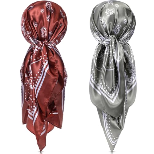 SATINIOR 35 Inch Silky Head Scarf 2 Pcs Large Square Neck Scarf Sleeping Hair Wrapping Satin Bandana for Women(Brown, Light Green,Ethnic Style)