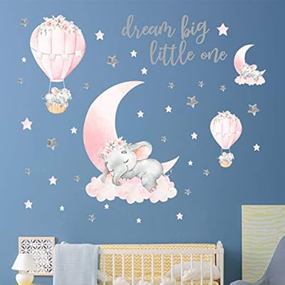 Yovkky Dream Big Little One Elephant Wall Decals, Peel and Stick Wall Stickers Pink Hot Air Balloon Grey Stars Nursery Decor, Home Kitchen Room Decorations Boys Girls Kids Bedroom Art Party Supplies