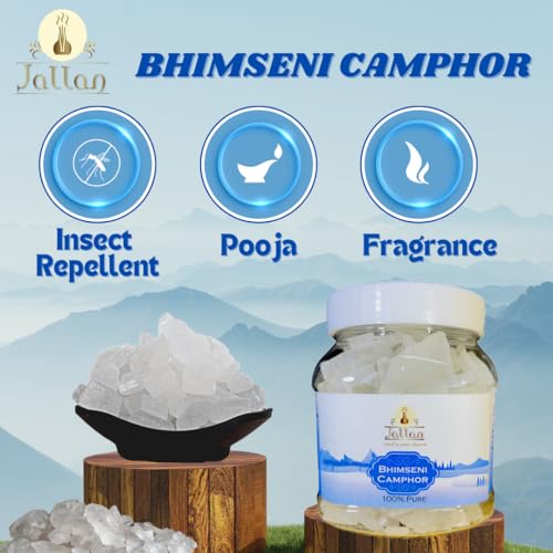 Image of Jallan Pure Bhimseni Camphor (Original)| 250g Jar| Lab Certified 100% Pure Pacha karpooram Original| 100% Natural Organic and Original Kapoor| Purifying & Pleasant Fragrance for Pooja, Hawan, Air Freshener| Use for Camphor Diffuser Electric