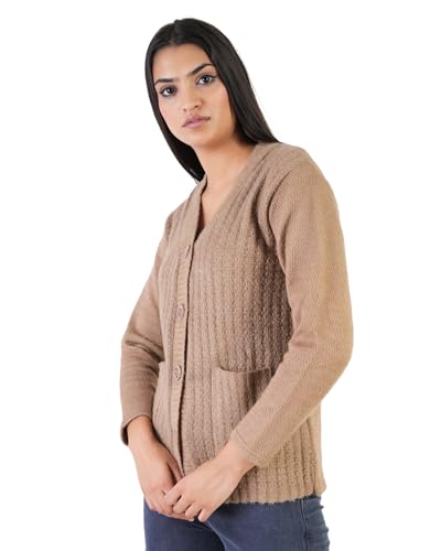 Image of MANRA Women's Woolen V-Neck Buttoned Full Sleeve Cardigan Self Design Soft Wool Fabric Winter Wear Pure Wool Sweater Fully Warm with Front Pockets Stylish Cardigan