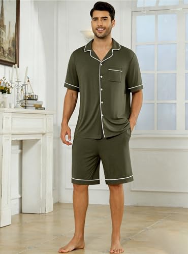 Image of Veseacky Men's Button Down Pajama Set Short Sleeve Shorts Modal Soft Sleepwear Loungewear Pjs with Pockets S-XXL