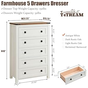 T4tream farmhouse 5 drawers dresser chests for bedroom wood rustic tall chest of drawers dressers organizer for bedroom living room hallway antique white  urban country home decor