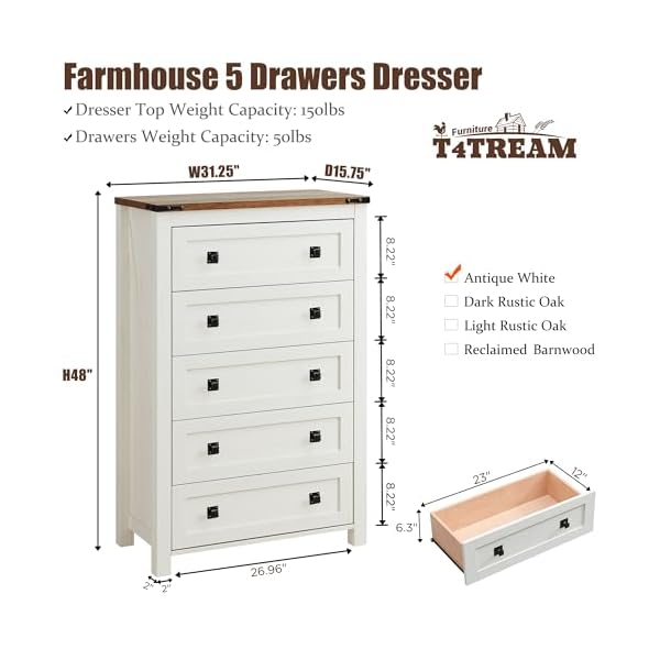 T4tream farmhouse 5 drawers dresser chests for bedroom wood rustic tall chest of drawers dressers organizer for bedroom living room hallway antique white  urban country home decor