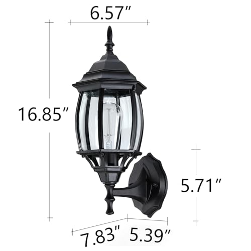 Image of 16.8 Inch Outdoor Porch Light - Black Outside Light for House, Metal and Glass Exterior Wall Sconce, Waterproof Wall Mount Outdoor Lantern for Garage,Front Door,Balcony,E26 Base
