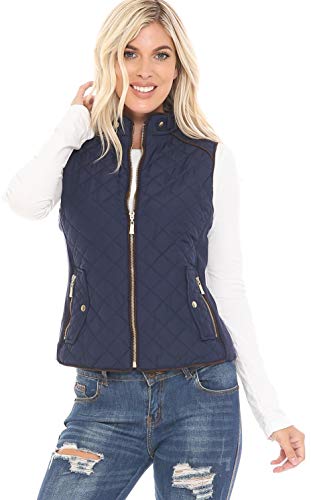 YourStyle USA Women's Padded Vest - Casual Stand Collar Lightweight Full Zip Up Quilted Suede Details Gilet Jacket YS1409 Navy S
