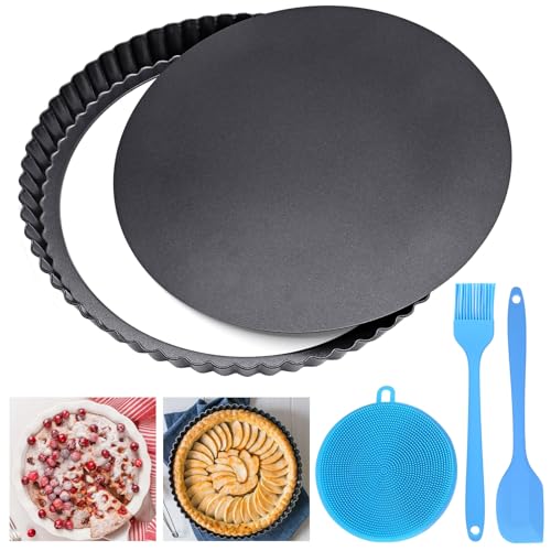 Quiche Pan, 24cm/9 in Carbon Steel Loose Bottom Pie Tin, Fluted Tart Tin, Flan Case Tin with 3 Silicone Tools Removable Non-Stick Coating, Baking Tart Pan for Tarts Mousse Cake Pie Quiche