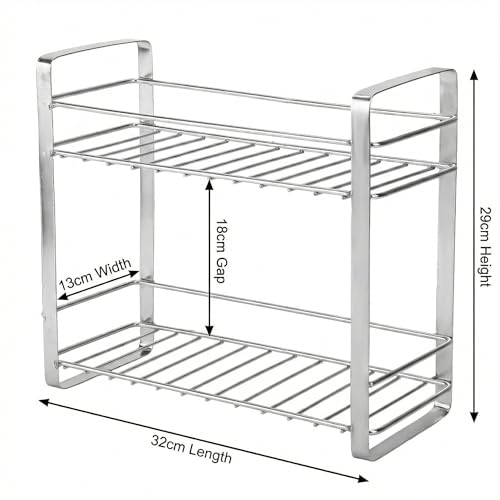 Image of TechSrmaji 2 Tier Stainless Steel Kitchen Rack | Multipurpose Storage Shelf for Kitchen & Bathroom | Rust Proof Dish Rack, Spice Organizer, Bathroom Shelf (Silver)