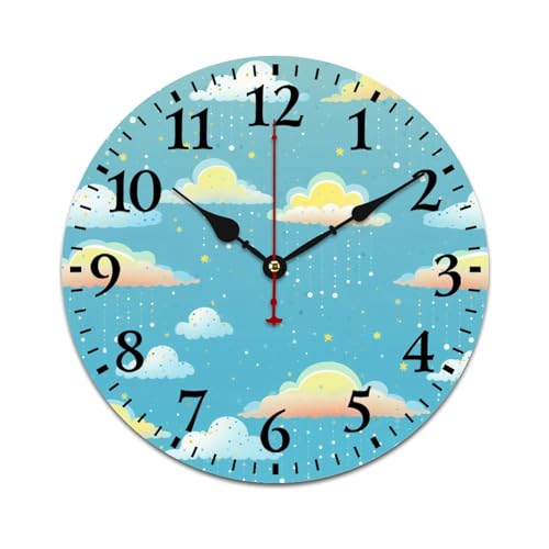 HighonHi 10 Inch Wooden Wall Clocks Yellow Rain Sky with Rainbows and Clouds Retro Wood Wall Clock Silent & Non-Ticking Arabic Numeral Baby Nursery Bedroom Decorations Wall Clock Home Office