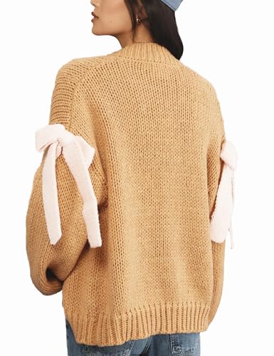 Open Front Sweaters for Women Casual Bow Tie Knit Cardigan Slouchy Chunky Long Sleeve Sweaters Outwear Coat