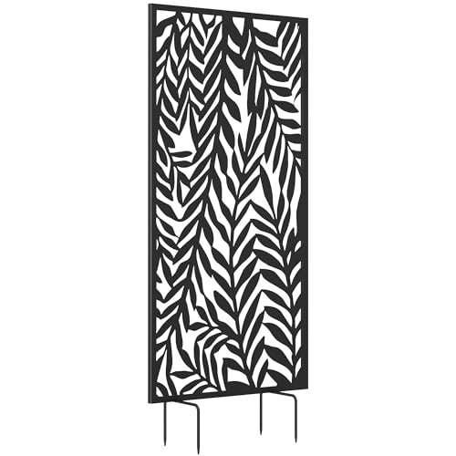 Outsunny Panneau Brise Vue décoratif Extérieur, Claustra Décoratif Jardin à Motif découpé en Feuilles, Paravent Extérieur avec Cadre en Métal, 130 x 65 cm, Noir