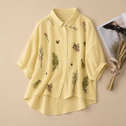 Image of Gufrina Women Designer Botanical Embroidered Korean Style Shirt | Button Down Relaxed Fit | High Low Hem Three Quarter Sleeve | Casual Smart Top-Shirt