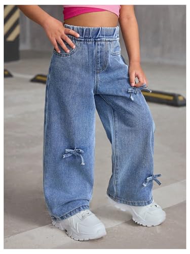 WDIRARA Girls' Bow Decor High Waisted Jeans Straight Leg Elastic Casual Denim Long Pants3