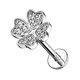 Stückzahl: 1 Stück. Material Stab: 316 L Chirurgenstahl. Durchmesser: 1,2 mm. Stablänge: 6 mm / 8 mm - je nach Auswahl. Größe Kleeblatt: 8 mm. Farbe Stab: Silber / Gold / Rosegold - je nach Auswahl. Farbe Kristall: Clear