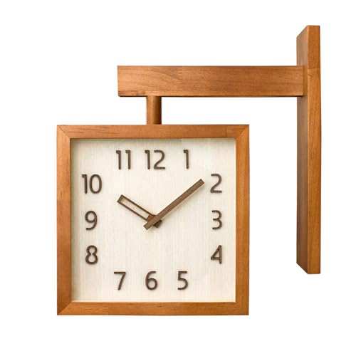 CHEOTIME Wall Clock, Simple Silent Non Ticking Square Double Sided Clock Wooden Decorative Corner Clock for Living Room Household (Dark Wood Color)