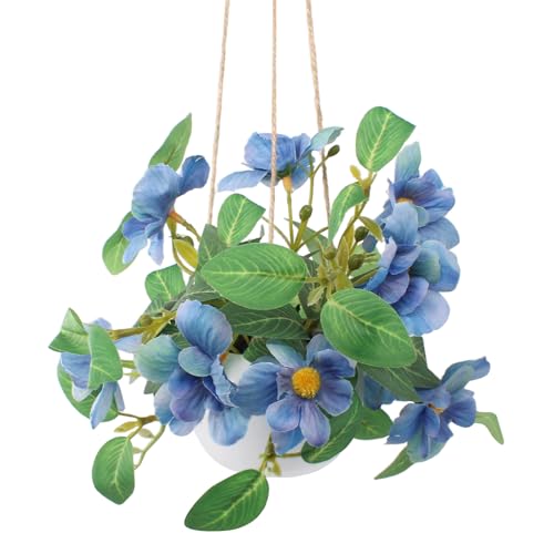 ginojex Cesta de flores artificiales colgantes para plantas falsas, decoración de bonsái para interiores, alféizar de ventana, porche, balcón, centros de mesa, color azul
