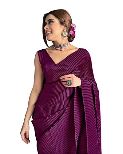 Image of StyleScope Women's Full Crushed Pleated Satin Saree With Unstitched Blouse Piece (Pleatedd)