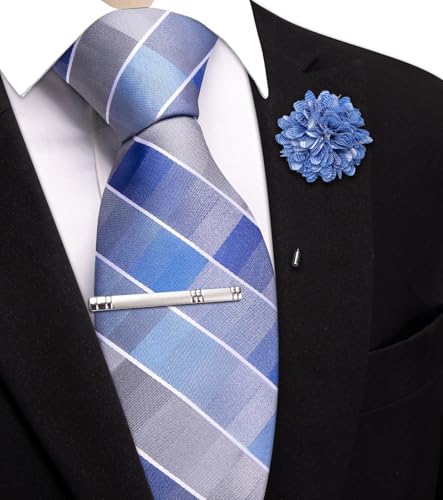 Image of Hi-Tie 63 inches Striped Paisley Extra Long Ties for Men Silk Necktie with Lapel Pin Tie Clip Big and Tall Men Formal Wedding