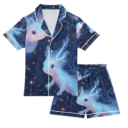 Satin Pajama Sets Short Sleeve Magical Creatures in Night Button Down Silky Nightwear 2 Piece PJS 5-14Y