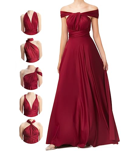 Unendlichkeitskleid für Damen, Brautjungfern, Hochzeitsgäste, Übergröße, Wickelkleid, lang, Maxi, wandelbar, vielseitig tragbar, Burgunder,...