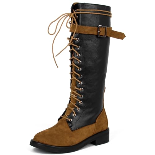 Meefit Lace Up Knee High Boots for Women Combat Riding Boots Low Heel Gothic Motorcycle Boot Flats Long Shoes2