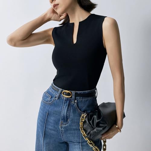 Image of Women Summer Sleeveless Sweater Vest Minimalist V-Slit Neck Slim Fit Pullover Tank