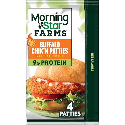 MorningStar Farms Meatless Chicken Patties, Plant Based Protein Vegan Meat, Frozen Meal, Buffalo, 10oz Bag (4 Patties)