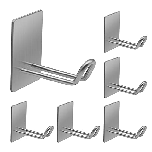 Adhesive Wall Hooks for Towels and Robes, Stainless Steel, 6 Pack, Silver